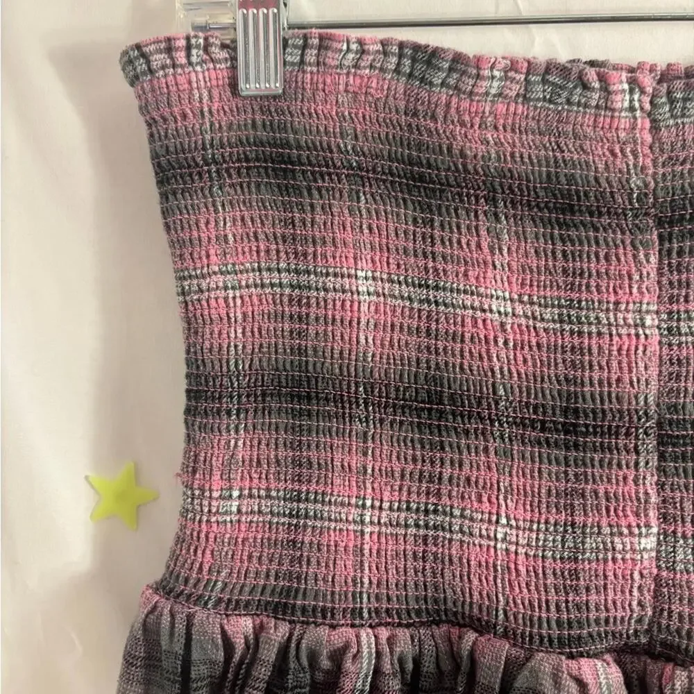 Revolve LIKELY Grey Pink Plaid Ruched Tiered 90’s Babydoll Grunge Midi Skirt M/L
